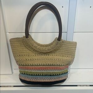 Crochet vintage Tote Bag with faux leather handles
